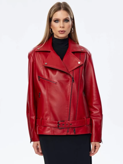 Кожаная женская куртка косуха с поясом 3013, красная, размер 48, артикул 91711-4