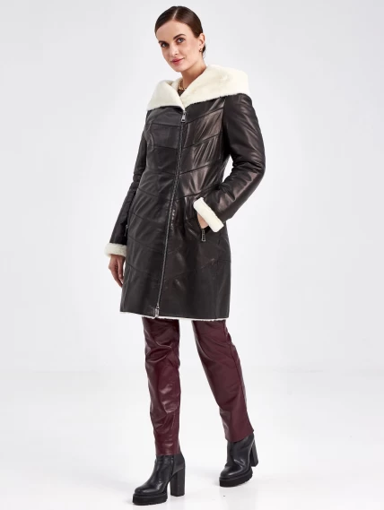 Кожаное пальто зимнее женское 391мех, с капюшоном, черно-белое, размер 46, артикул 91830-5