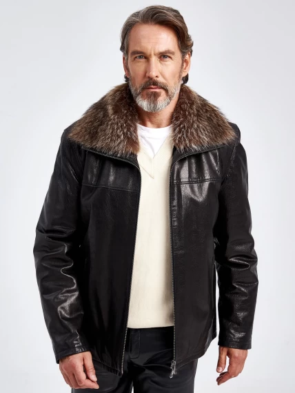 Зимняя мужская кожаная куртка на подкладке из овчины с мехом енота 5319, черная, размер 48, артикул 40680-3