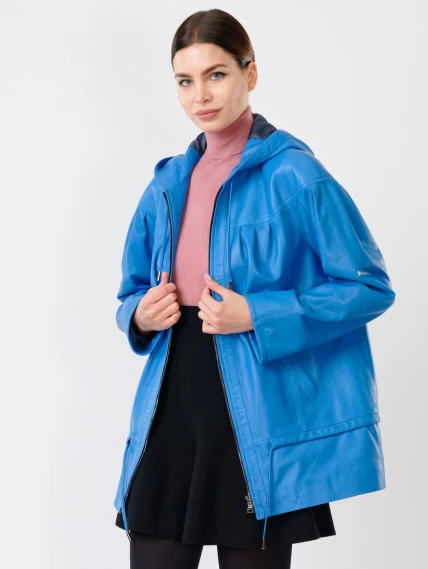 Кожаная женская куртка с капюшоном 303у, голубая, размер 54, артикул 90690-0
