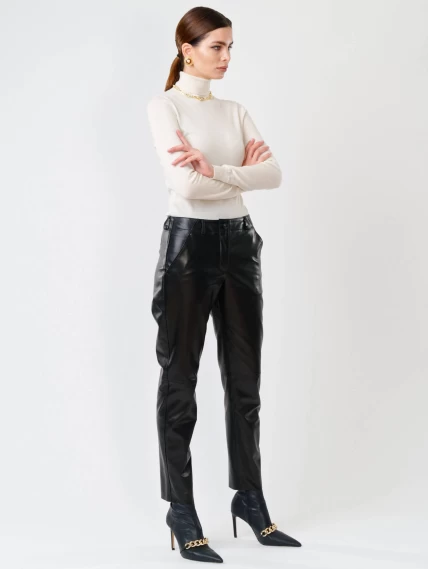 Кожаные зауженные женские брюки из натуральной кожи 03, черные, размер 50, артикул 85240-2