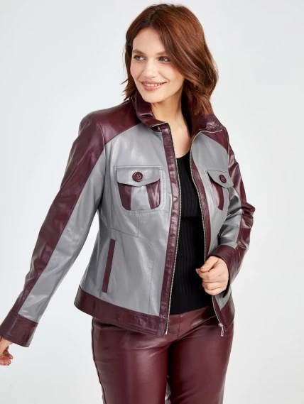 Кожаный комплект женский: Куртка 341 + Брюки 02, серый/бордовый, размер 42, артикул 111170-4