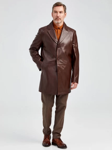Кожаный пиджак удлиненный премиум класса для мужчин 541, коричневый, размер 48, артикул 29531-3
