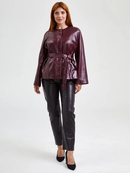 Кожаная женская куртка без воротника с поясом 3019, бордовая, размер 50, артикул 91700-5
