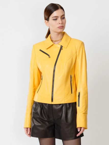 Кожаный комплект женский: Куртка 3005 + Шорты 01, желтый/черный, размер 44, артикул 111120-5