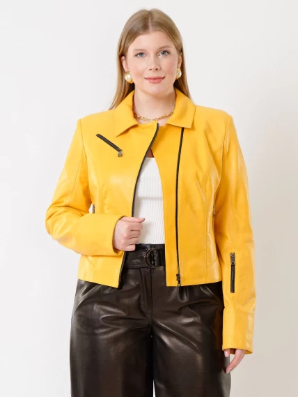 Кожаный комплект женский: Куртка 3005 + Брюки 05, желтый/черный, размер 44, артикул 111119-3