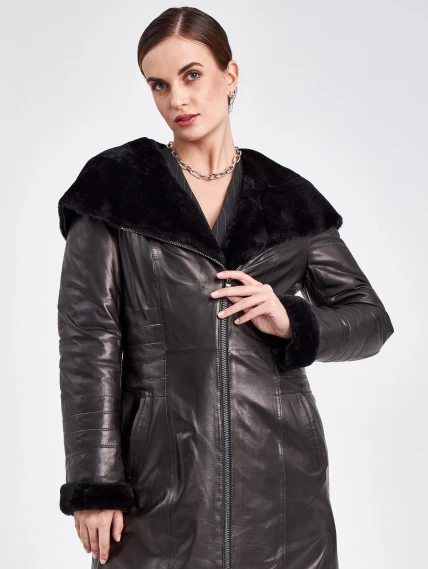 Кожаное пальто зимнее женское 393мех, с капюшоном, черное, размер 46, артикул 91860-0