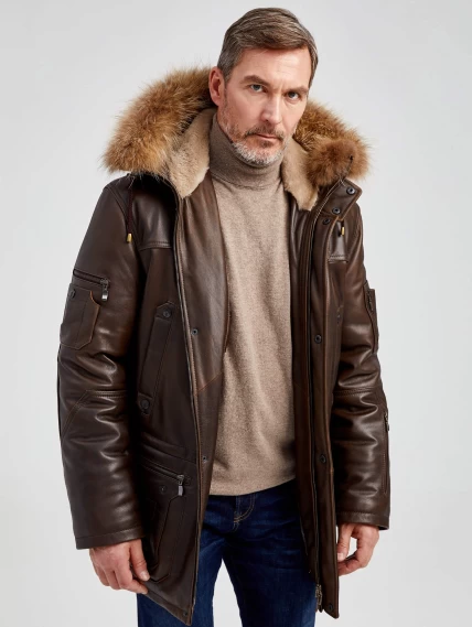 Утепленная мужская кожаная куртка аляска с мехом енота Алекс, светло-коричневая, размер 44, артикул 40450-0