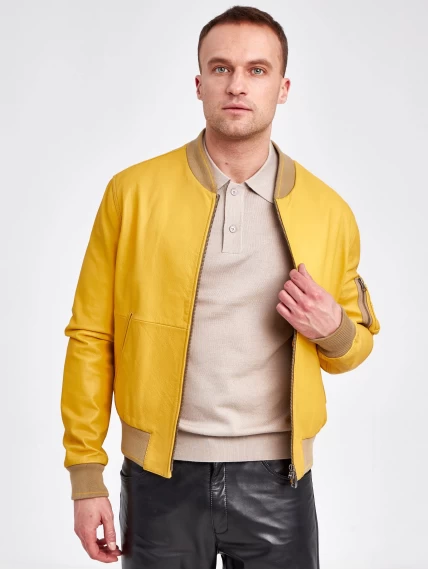 Кожаная куртка бомбер мужская 1119, желтая, размер48, артикул 29520-3