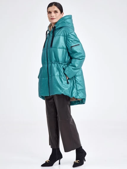 Кожаная женская куртка оверсайз с капюшоном премиум класса 3021, зеленая, размер 44, артикул 25470-3