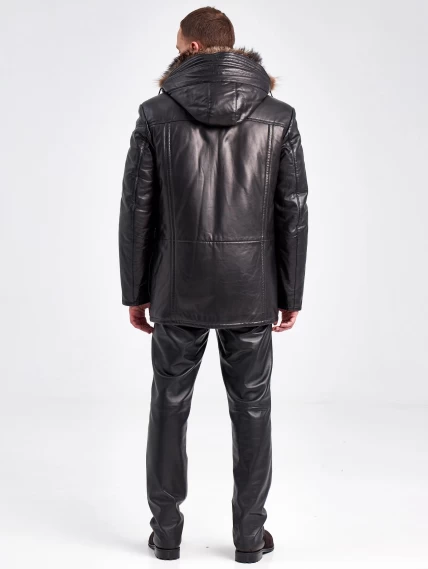 Кожаная утепленная куртка аляска с капюшоном и мехом енота для мужчин 5471, черная, размер 48, артикул 40980-2