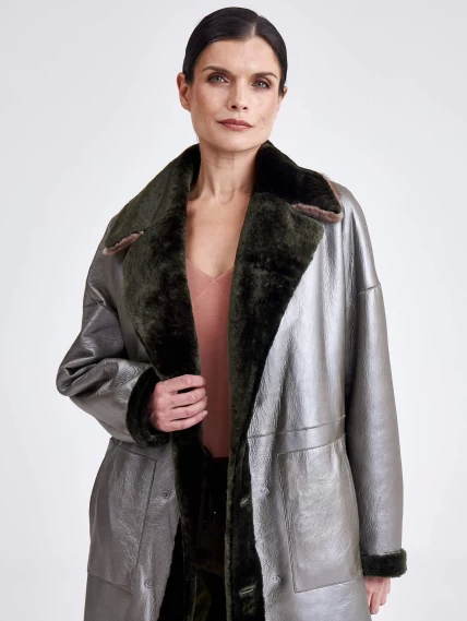 Женское двустороннее пальто из меховой овчины с норковым воротником премиум класса 2017, хаки, размер 44, артикул 13760-3