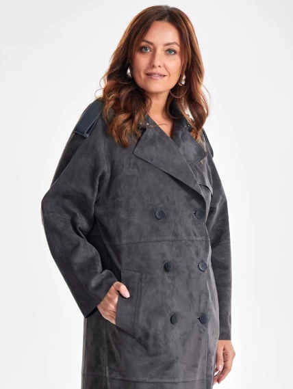Замшевое двубортное женское пальто френч премиум класса 3070з, темно-серое, размер 44, артикул 63370-4