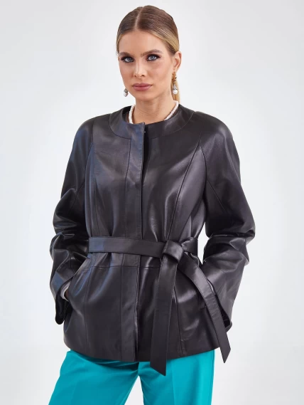 Кожаная женская куртка без воротника с поясом 3019, черная, размер 48, артикул 92110-0