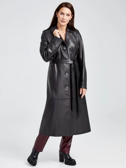 Классический кожаный женский плащ с поясом 3010, черный, размер 48, артикул 91641-6