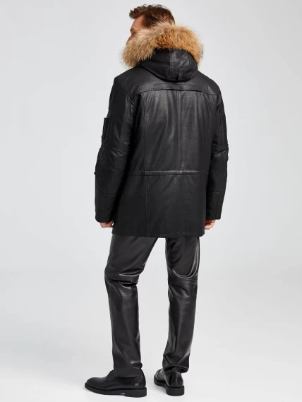 Утепленная мужская кожаная куртка аляска с мехом енота Алекс, черная DS, размер 52, артикул 40380-4