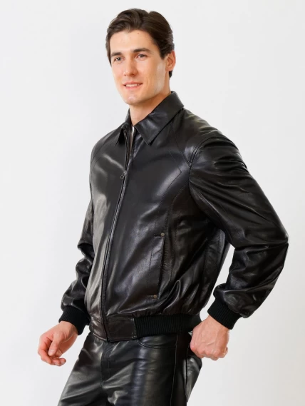 Мужская кожаная куртка бомбер на резинке Мауро, черная, размер 44, артикул 28790-6