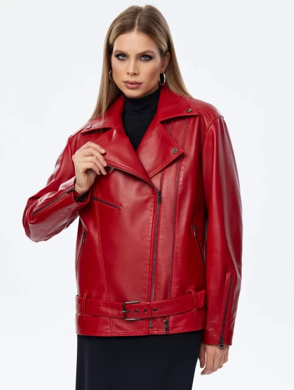 Кожаная женская куртка косуха с поясом 3013, красная, размер 48, артикул 91711-1