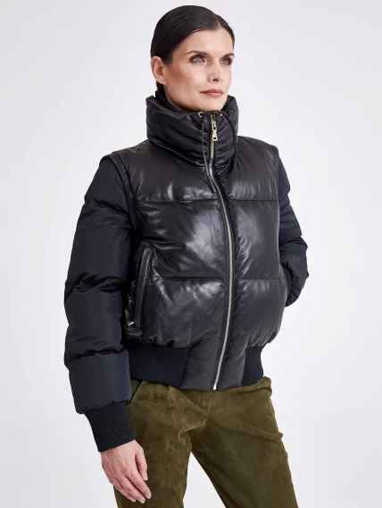 Комбинированная женская кожаная куртка бомбер 3029, черная, размер 44, артикул 23370-3