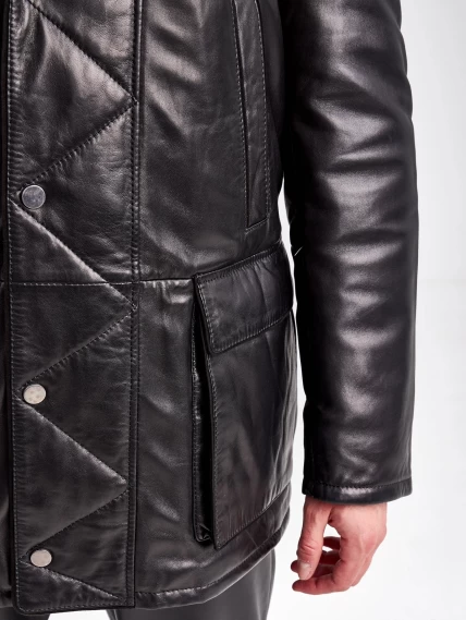 Кожаная утепленная куртка аляска с капюшоном и мехом енота для мужчин 5471, черная, размер 48, артикул 40980-4