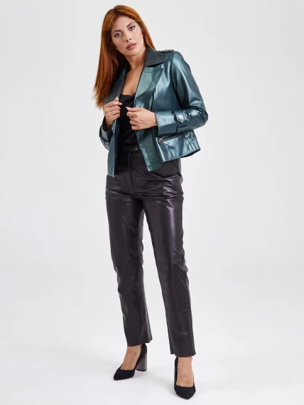 Двубортный кожаный женский пиджак 3014, зеленый, размер 48, артикул 91731-1