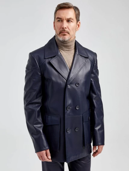 Двубортная мужская кожаная куртка бушлат 549, синяя, размер 50, артикул 29002-0