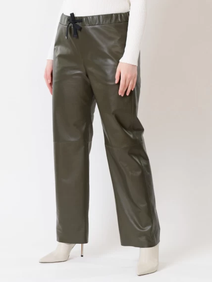 Кожаные широкие женские брюки из натуральной кожи 06, оливковые, размер 48, артикул 85510-6