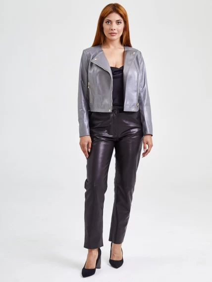 Кожаный комплект женский: Куртка 389 + Брюки 03, серый/черный, размер 42, артикул 111117-0