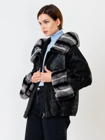 Замшевая утепленная женская куртка с мехом "рекса" 397ш, черная, размер 48, артикул 91090-2