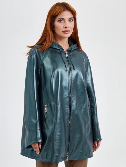 Кожаная женская куртка оверсайз с капюшоном 383, зеленая, размер 56, артикул 91780-6