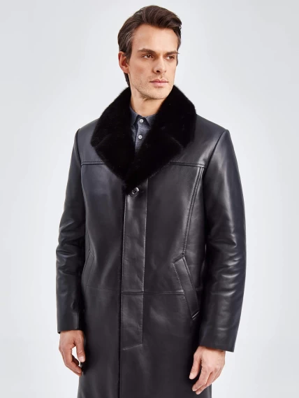 Мужское зимнее кожаное пальто с норковым воротником премиум класса 533мех, черное, размер 50, артикул 71060-3