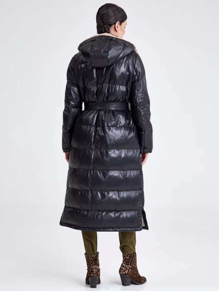 Стеганное кожаное пальто с капюшоном премиум класса для женшин 3024, черное, размер 44, артикул 25420-2