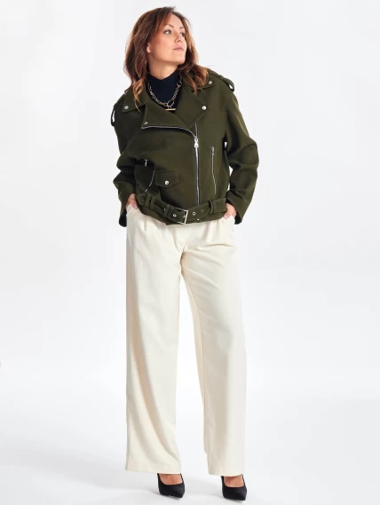 Короткая кожаная куртка косуха с поясом для женщин премиум класса 3052, хаки, размер 44, артикул 23460-5