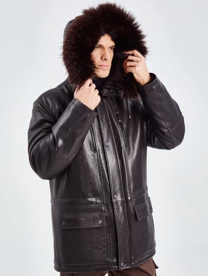 Утепленная кожаная куртка аляска с мехом енота для мужчин 556, коричневый, размер 50, артикул 41090-1