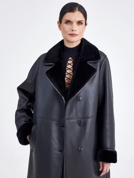 Классическое пальто из натуральной овчины с поясом премиум класса для женщин 2009, черное, размер 46, артикул 63730-2