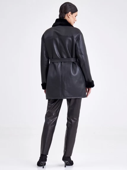 Короткая женская дубленка пиджак с поясом премиум класса 2011, черная, размер 46, артикул 62660-2