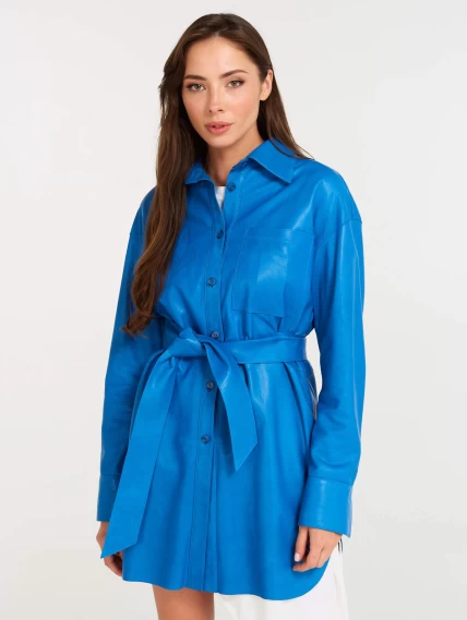 Кожаная женская рубашка с поясом из натуральной кожи 01, голубая, размер 46, артикул 90480-0