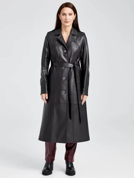 Классический кожаный женский плащ с поясом 3010, черный, размер 48, артикул 91641-3