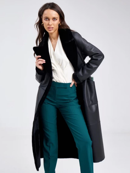 Классическое женское пальто из натуральной овчины премиум класса 2006, черное, размер 48, артикул 63690-1