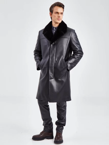 Мужское зимнее кожаное пальто с норковым воротником премиум класса 533мех, черное, размер 50, артикул 71060-2