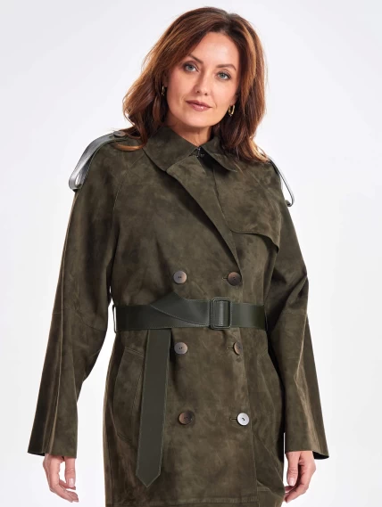 Замшевое двубортное женское пальто френч премиум класса 3070з, хаки, размер 44, артикул 63380-3