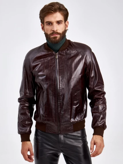 Короткая мужская кожаная куртка бомбер 535, коричневая, размер 50, артикул 29220-3