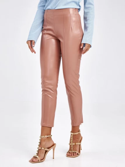 Кожаные женские брюки из экокожи 4820734, пудровые, размер 42, артикул 85670-3