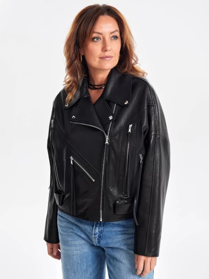 Женская кожаная короткая куртка косуха премиум класса 3051, черная, размер 46, артикул 23430-1