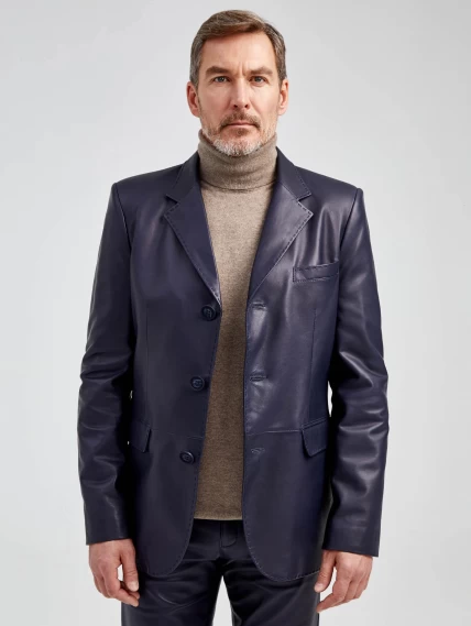 Мужской кожаный пиджак на ручном стежке премиум класса 543, синий, размер 48, артикул 28962-1