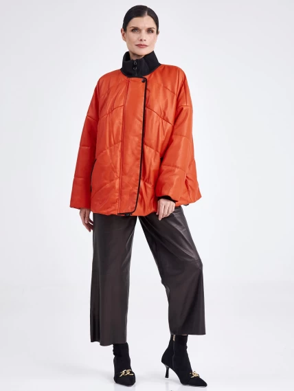 Утепленная женская кожаная куртка оверсайз премиум класса 3022, оранжевая, размер 44, артикул 23350-3
