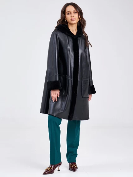 Женское классическое пальто с капюшоном из натуральной овчины премиум класса 2004, черное, размер 54, артикул 63800-0