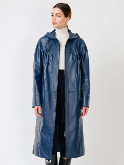 Кожаное женское пальто с капюшоном на молнии премиум класса 3009, синее, размер 50, артикул 25600-0