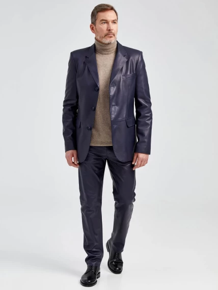 Мужской кожаный пиджак на ручном стежке премиум класса 543, синий, размер 48, артикул 28962-3