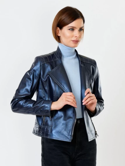 Кожаная куртка косуха женская 300, синий перламутр, размер 52, артикул 90991-1